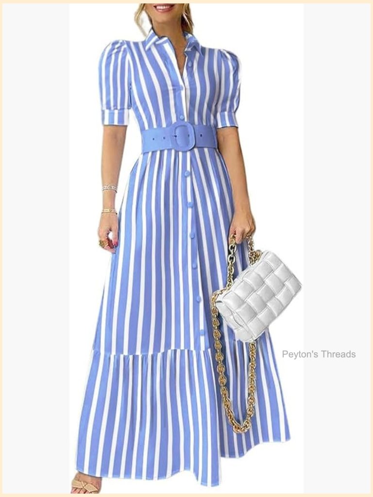 Striped Button Down Shirt Dress With Belt Puff Short Sleeve Ruffle Hem Maxi